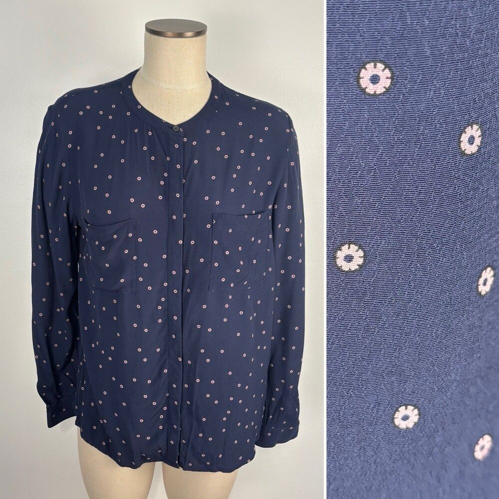 Boden Gwyneth Button Up Blouse Shirt Sz 12 Blue Daisy Floral Career Flowy